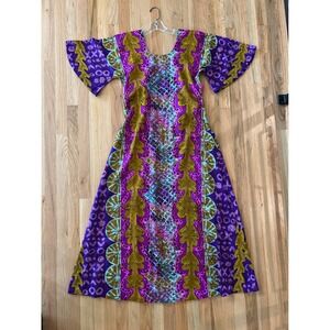 Vintage Two Potato of Laguna Beach CA Purple Batik Print Flutter Maxi Dress SM